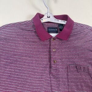 GANT Mens Large Striped Polo Shirt Burgundy Grey Short Sleeve Pocket Cotton
